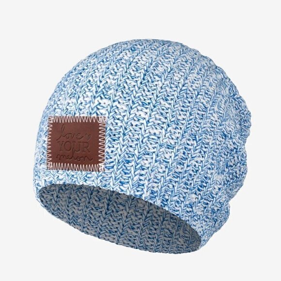 Love Your Melon Blue White Beanie Leather Patch Cotton Knit Hat Hipster Slouchy - Picture 1 of 4